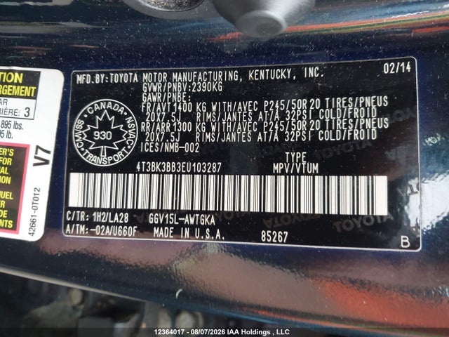 4T3BK3BB3EU103287 Toyota Venza Le/xle/limited