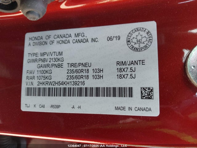 2HKRW2H54KH139216 Honda l15be