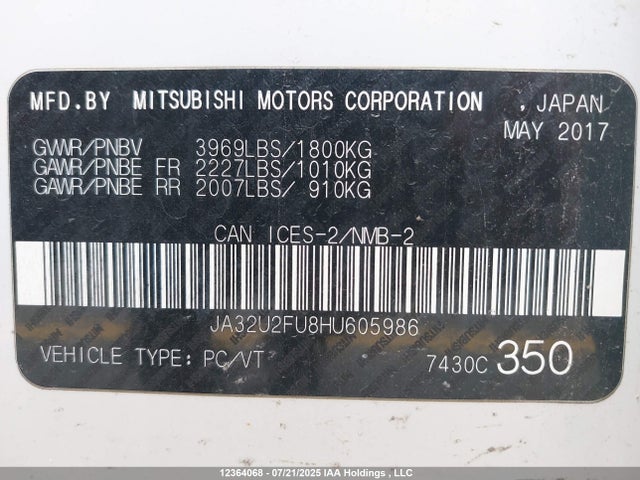 JA32U2FU8HU605986 Mitsubishi 2.0 dohc mivec