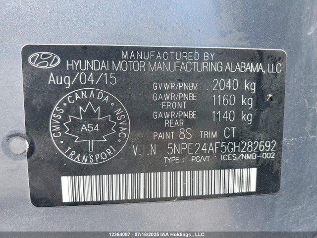 5NPE24AF5GH282692 Hyundai dohc gdi theta-ii