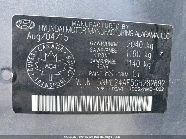 5NPE24AF5GH282692 Hyundai dohc gdi theta-ii