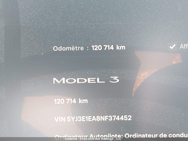 5YJ3E1EA8NF374452 Tesla MODEL 3