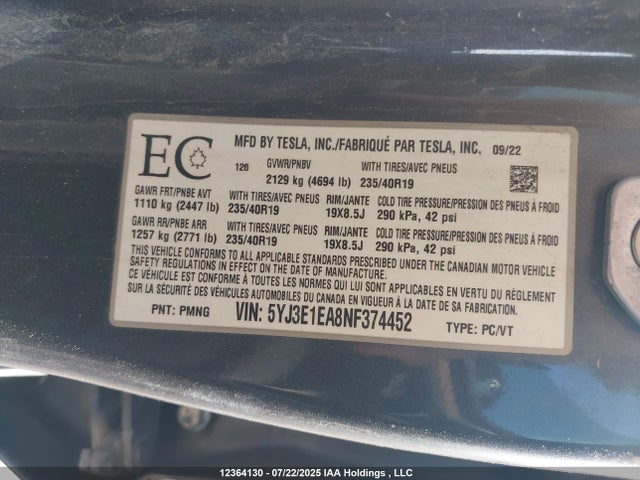 5YJ3E1EA8NF374452 Tesla MODEL 3