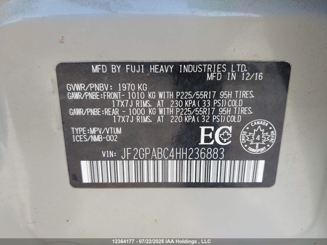 JF2GPABC4HH236883 Subaru naturally aspirated