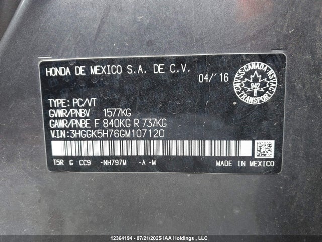 3HGGK5H76GM107120 Honda l15b1