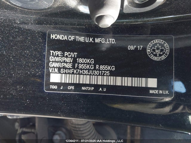 SHHFK7H36JU301725 Honda l15ba