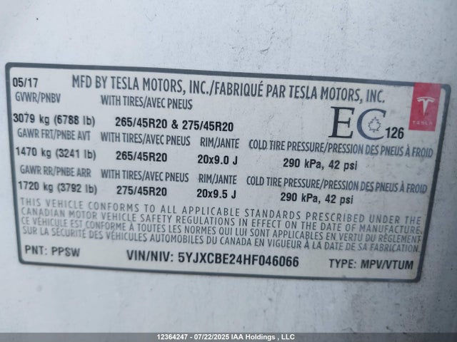 5YJXCBE24HF046066 Tesla MODEL X