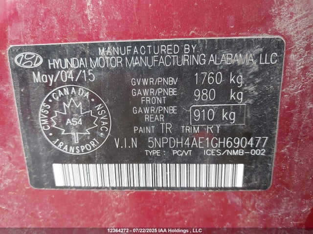 Hyundai dohc mpi nu 2016 5NPDH4AE1GH690477 Image 9