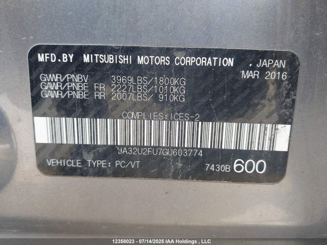 Mitsubishi dohc mivec 2016 JA32U2FU7GU603774 Image 19