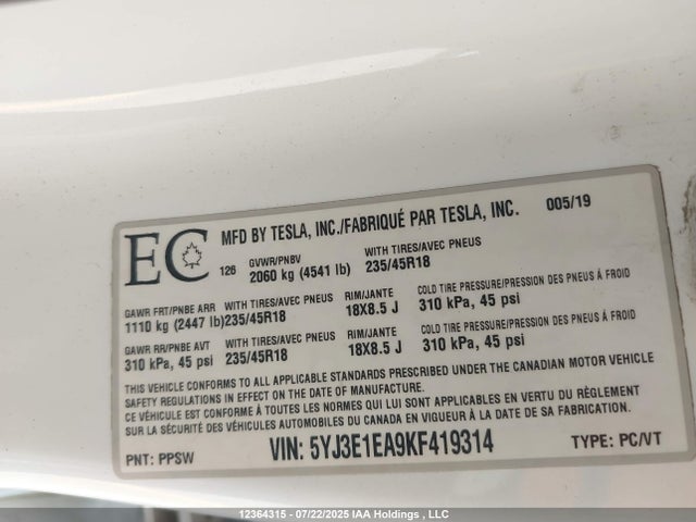 5YJ3E1EA9KF419314 Tesla 2019