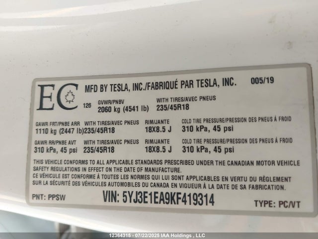 5YJ3E1EA9KF419314 Tesla 2019
