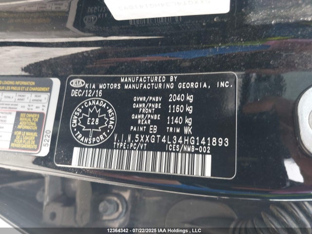 5XXGT4L34HG141893 KIA g 2.4 dohc gdi