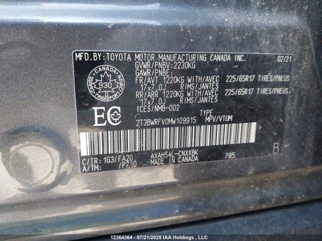 2T3BWRFV0MW109915 Toyota a25a-fxs, 3nm+4nm(ni)
