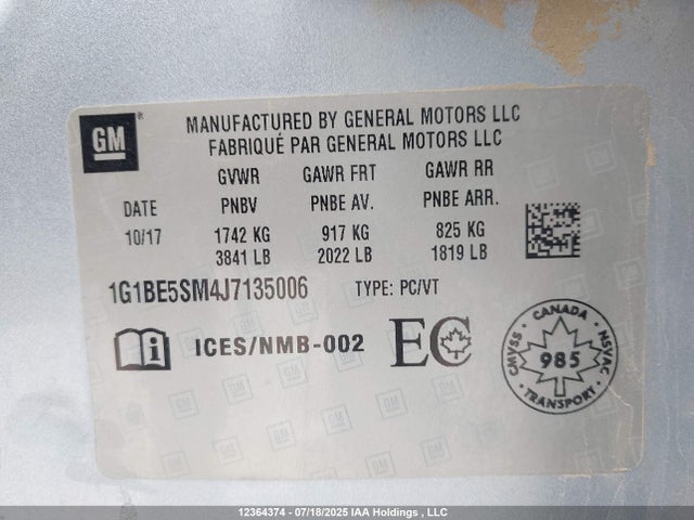 1G1BE5SM4J7135006 Chevrolet le2 -di: direct injection, vvt: variable valve timing, gen, alum