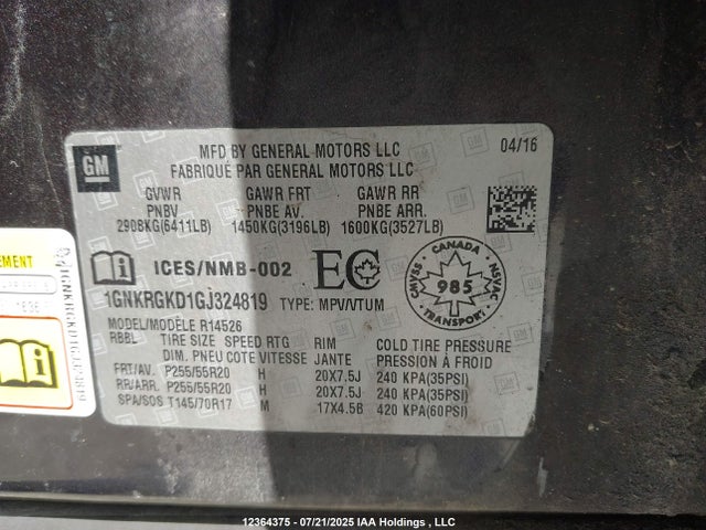 1GNKRGKD1GJ324819 Chevrolet llt - sidi, alum, 60 degrees
