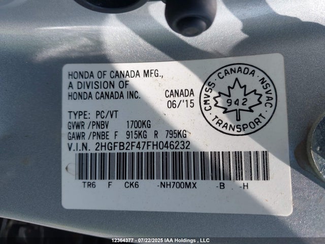 2HGFB2F47FH046232 Honda r18z1
