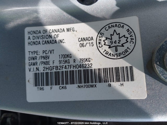2HGFB2F47FH046232 Honda r18z1