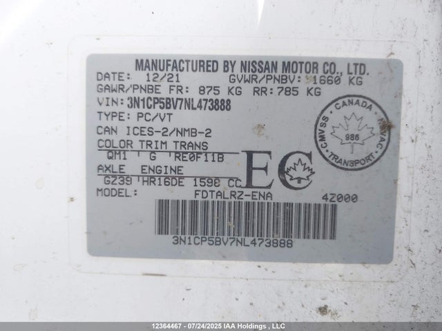 3N1CP5BV7NL473888 Nissan 2022