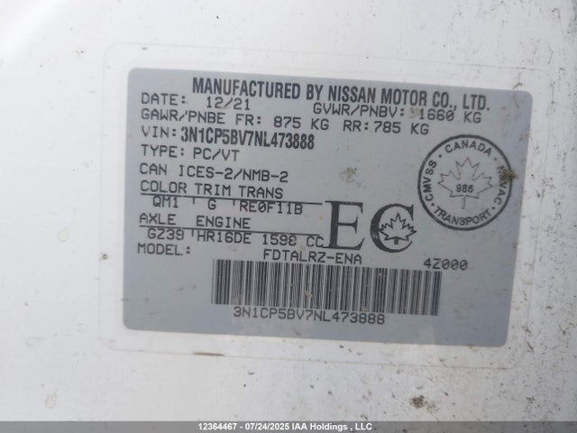 3N1CP5BV7NL473888 Nissan 2022