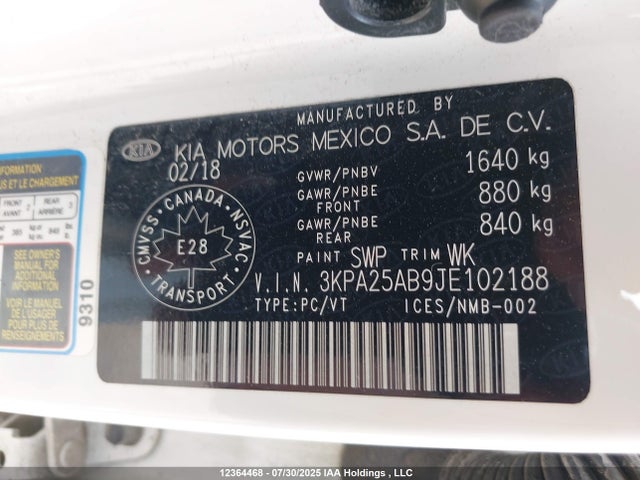 3KPA25AB9JE102188 KIA gdi gamma
