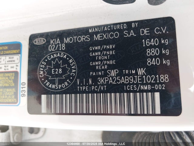 3KPA25AB9JE102188 KIA gdi gamma