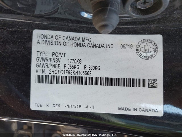2HGFC1F93KH105662 Honda l15b7/l15by