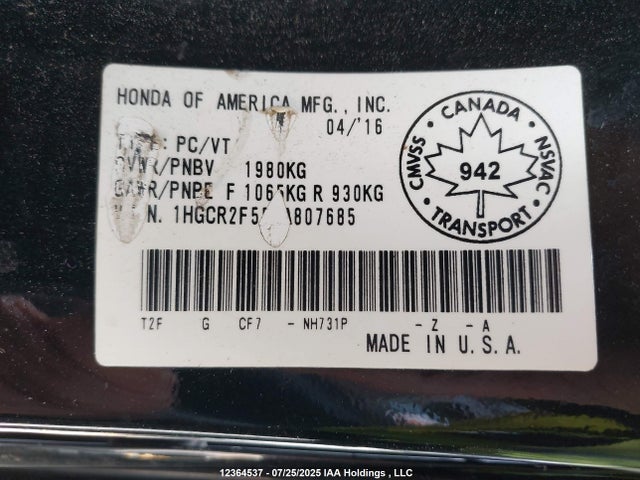 1HGCR2F55GA807685 Honda k24w1