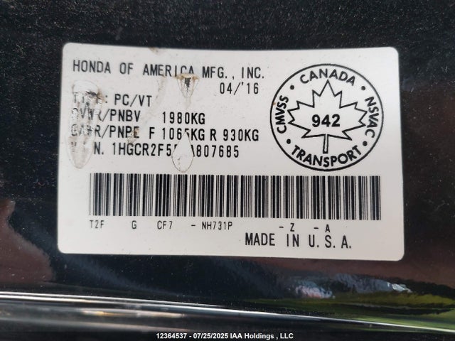 1HGCR2F55GA807685 Honda k24w1