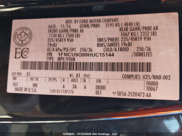 Ford Escape 2017 1FMCU9G99HUC15144 Image 9