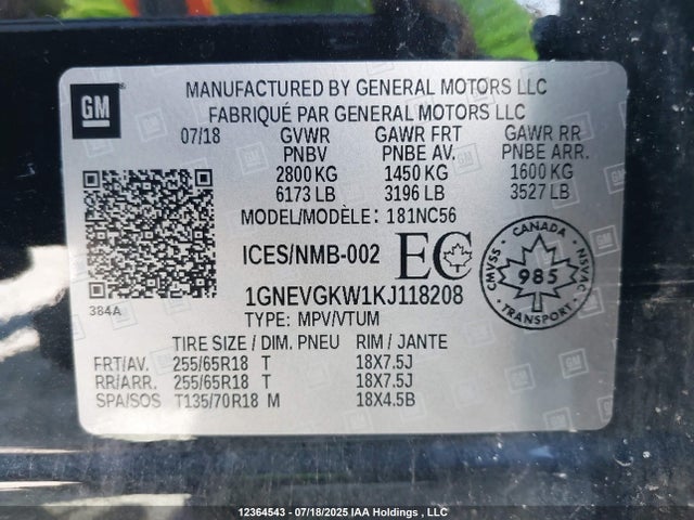 1GNEVGKW1KJ118208 Chevrolet lfy - spark ignited direct injection, atss, gen 1