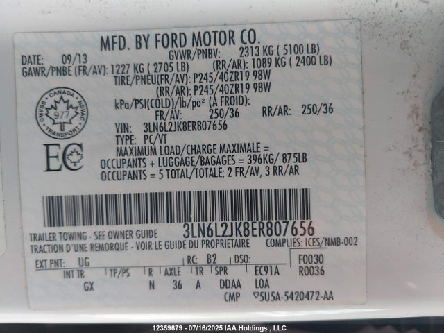 3LN6L2JK8ER807656 Lincoln 2014