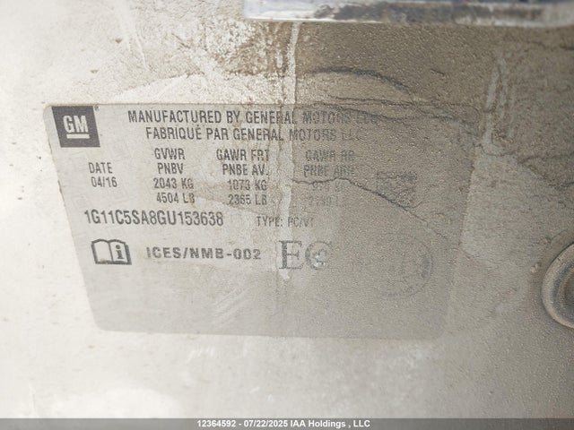 1G11C5SA8GU153638 Chevrolet lcv -sidi, dcvcp, vvt, dcvcp, e85 max, e0-e100, aluminum