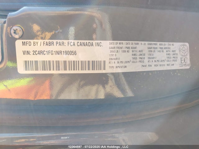 2C4RC1FG1NR190056 Chrysler Pacifica