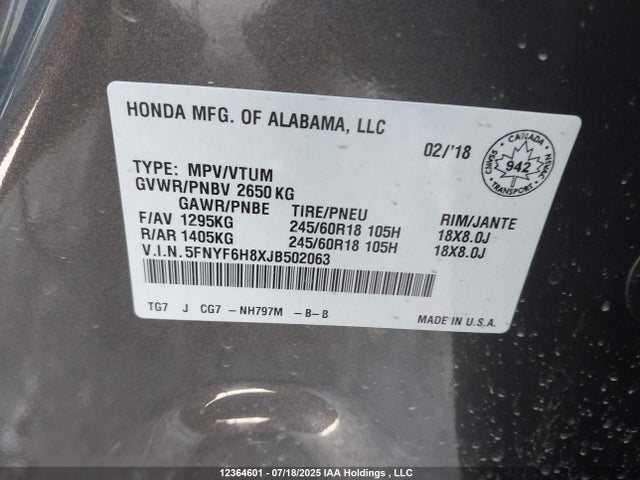 5FNYF6H8XJB502063 Honda j35y6