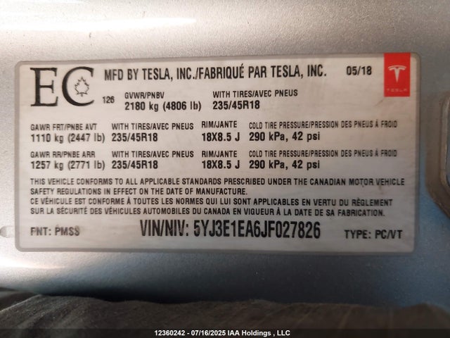 5YJ3E1EA6JF027826 Tesla MODEL 3