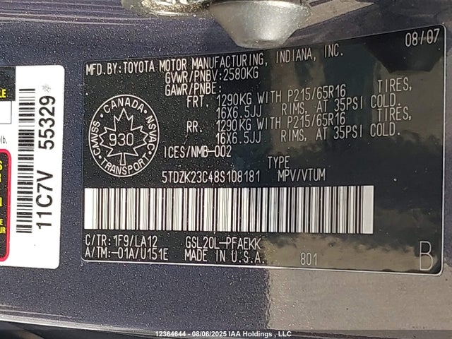 2008 Toyota Sienna Le V6 მანქანა იყიდება აუქციონზე, vin: 5TDZK23C48S108181, აუქციონის ნომერი: 12364644