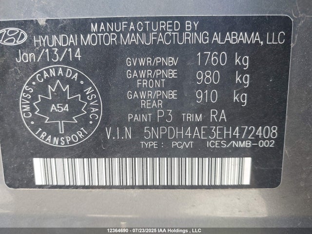 5NPDH4AE3EH472408 Hyundai dohc mpi nu