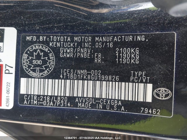 Продажа на аукционе авто 2016 Toyota Camry Hybrid/le/xle/se, vin: 4T1BD1FK8GU199826, номер лота: 12364701