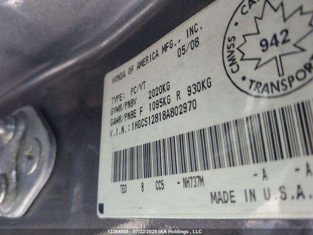 2008 Honda Accord Ex-l მანქანა იყიდება აუქციონზე, vin: 1HGCS12818A802970, აუქციონის ნომერი: 12364805