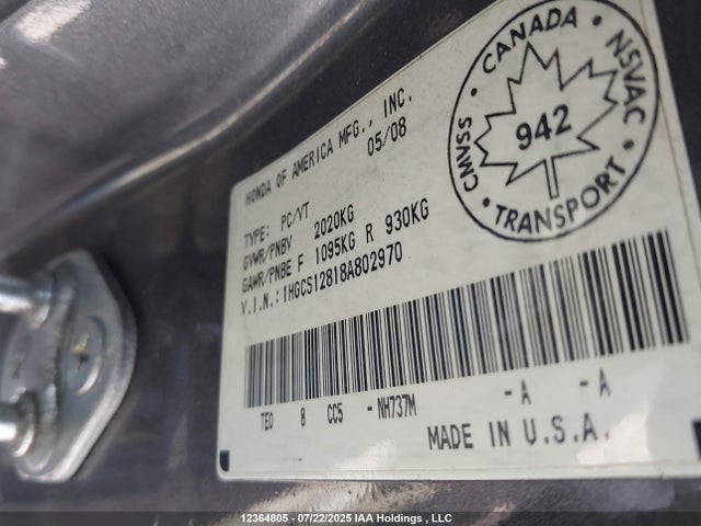 2008 Honda Accord Ex-l მანქანა იყიდება აუქციონზე, vin: 1HGCS12818A802970, აუქციონის ნომერი: 12364805