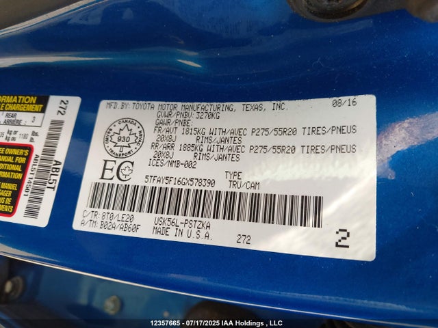 5TFAY5F16GX578390 Toyota 3ur-fe