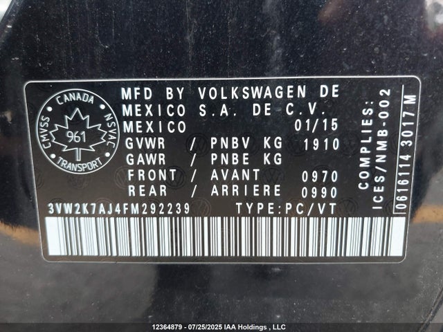 3VW2K7AJ4FM292239 Volkswagen 2015