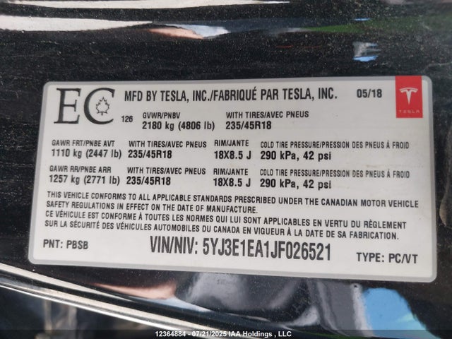5YJ3E1EA1JF026521 Tesla MODEL 3
