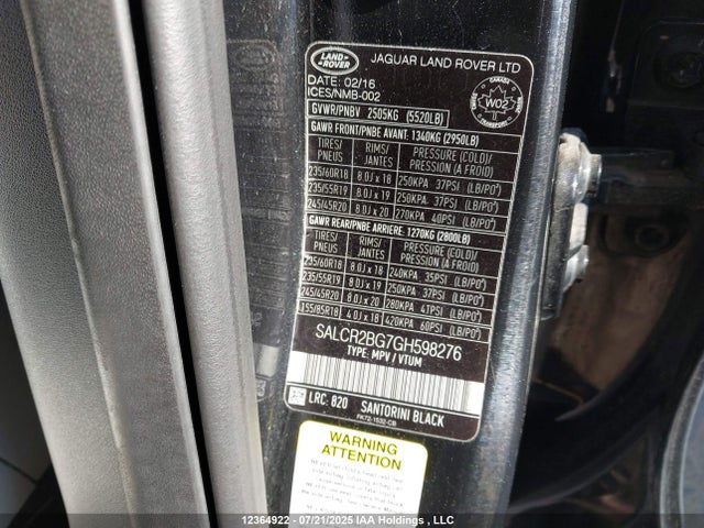 SALCR2BG7GH598276 Land Rover gtdi lev3 sulev30