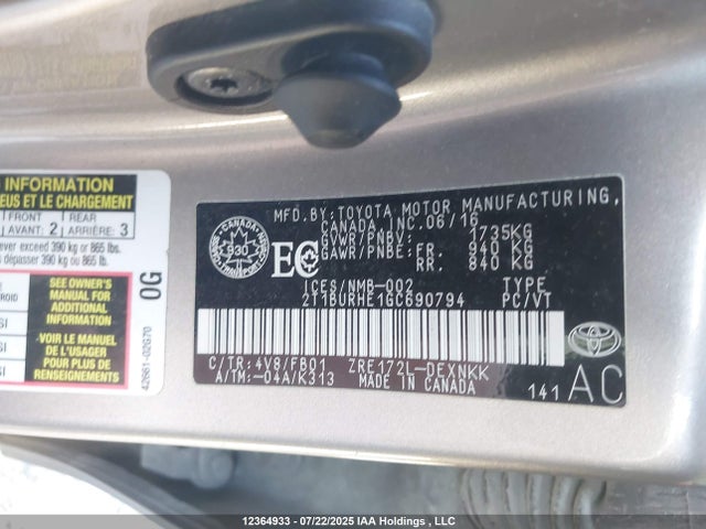 2T1BURHE1GC690794 Toyota 2zr-fe