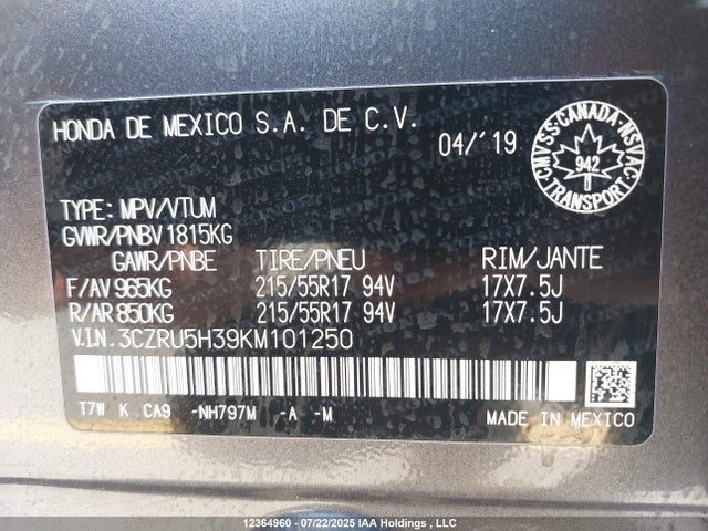 3CZRU5H39KM101250 Honda r18z9