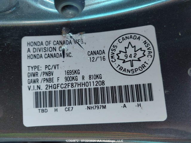 Honda k20c2 2017 2HGFC2F87HH011208 Image 9
