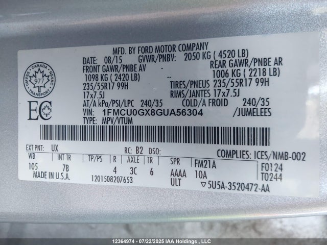 1FMCU0GX8GUA56304 Ford 2016