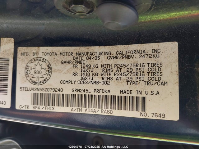 12364978 :رقم المزاد ، 5TELU42N55Z079240 vin ، 2005 Toyota Tacoma Base V6 مزاد بيع