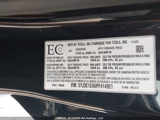 5YJ3E1EA6PF414921 Tesla 2023